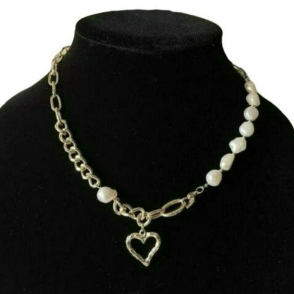 Gold Plated‎ Cultured Freshwater Pearl Beaded Heart Pendant Necklace 17in